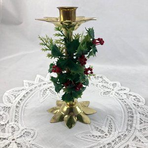 Vintage Candle Holder Taper Candle Holder Wood and Brass with Plastic Holly Berr